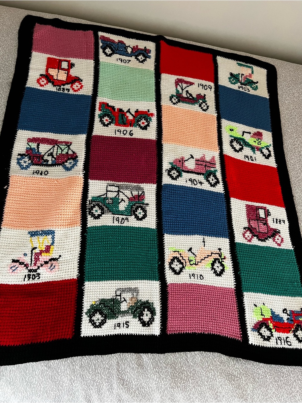 Vintage Handmade Antique Cars Knitted Blanket  Afghan Throw